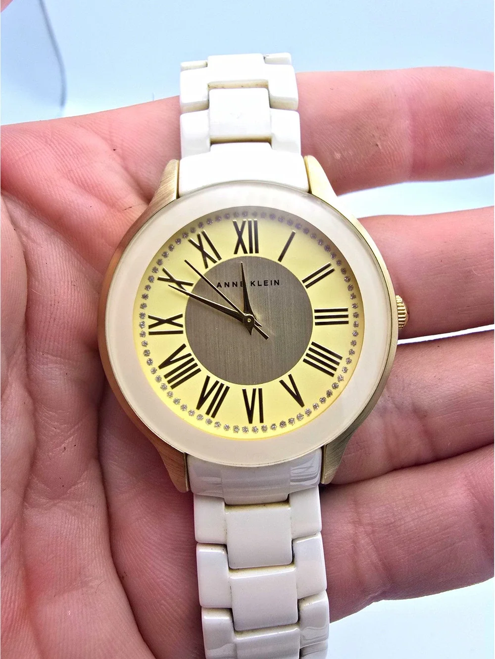 Anne Klein AK/1948 Women’s Quartz Analog Watch Gold Tone Case White Ceramic